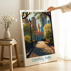 Central Park New York canvas print with skyline, lamp posts, and park benches in modern room decor