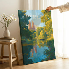 Central Park New York canvas art print with lake and greenery in cozy room setting