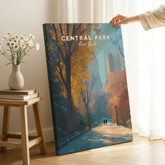 Central Park New York canvas wall art with autumn trees held in cozy room setting