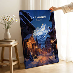 Chamonix Poster featuring a picturesque night scene in Chamonix, France with snow-covered streets and mountains.
