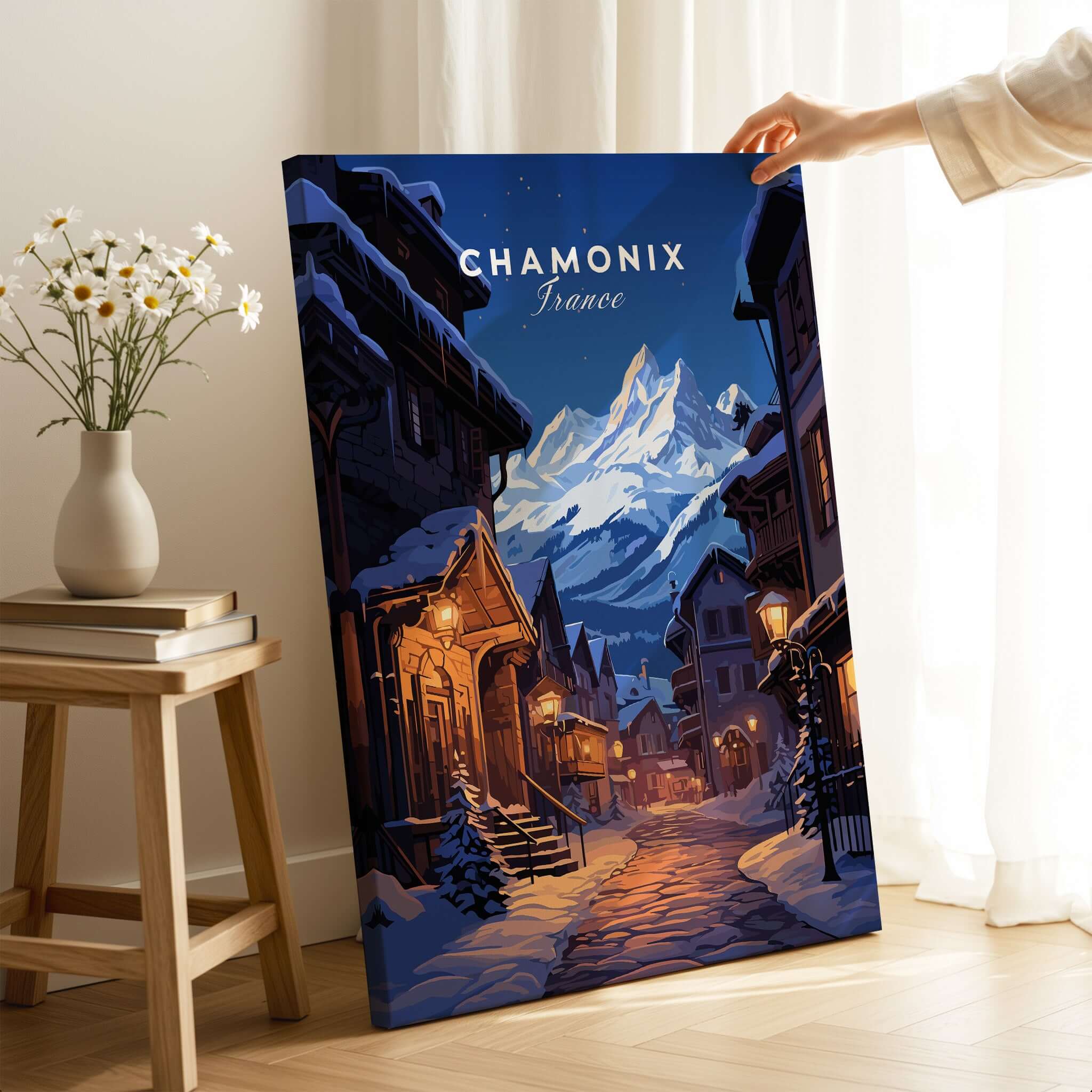 Chamonix Poster featuring a picturesque night scene in Chamonix, France with snow-covered streets and mountains.