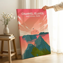 Channel Islands National Park canvas print with sunset, coastal cliffs, and ocean, held in modern room