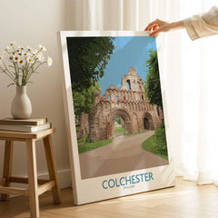 Colchester England travel poster canvas print with historic ruins in cozy room setting