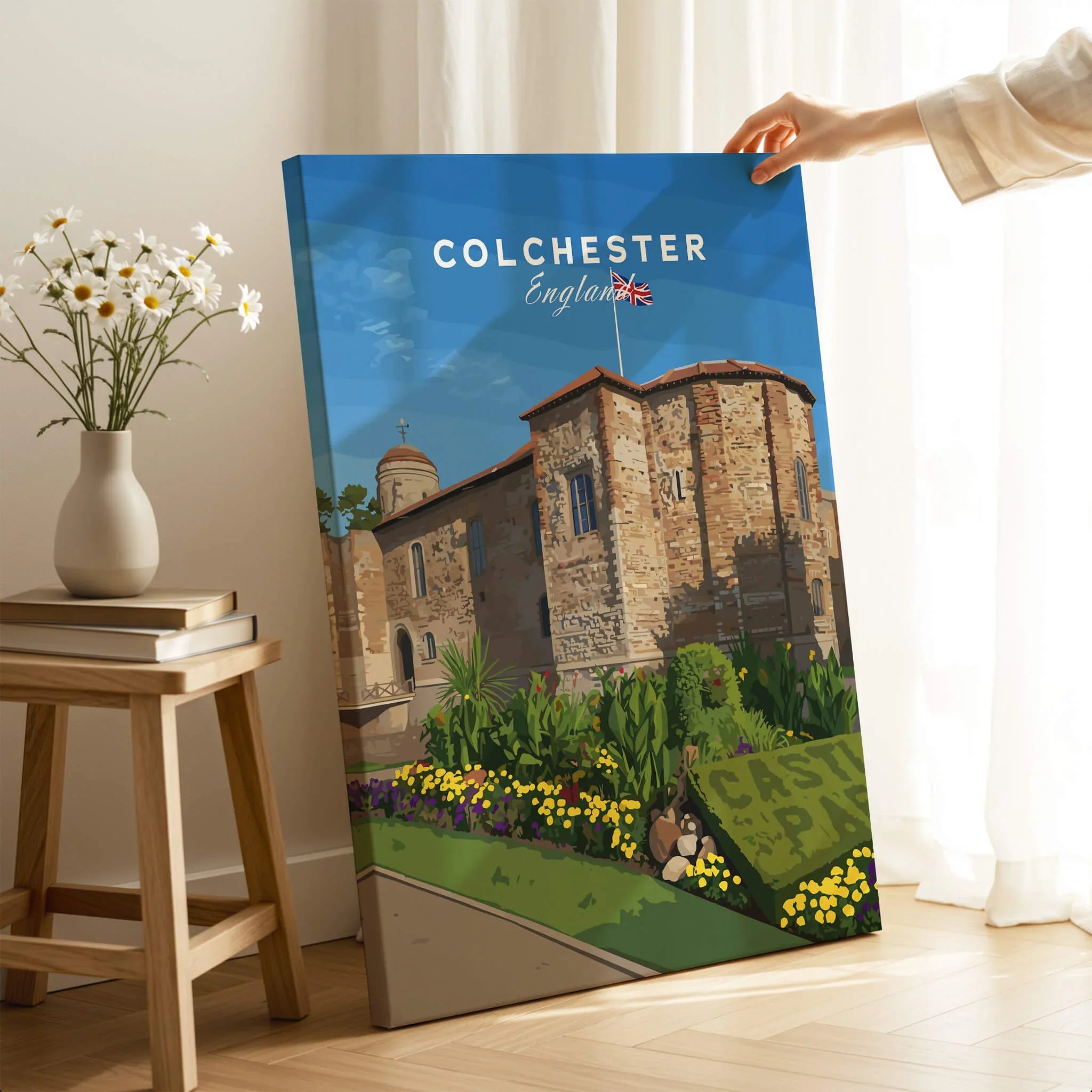 Colchester England travel poster canvas print with historic building, hand holding in cozy room