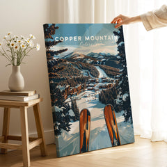 Copper Mountain Ski Print showcasing a vibrant ski artwork of Copper Mountain in Colorado with skis in the foreground.