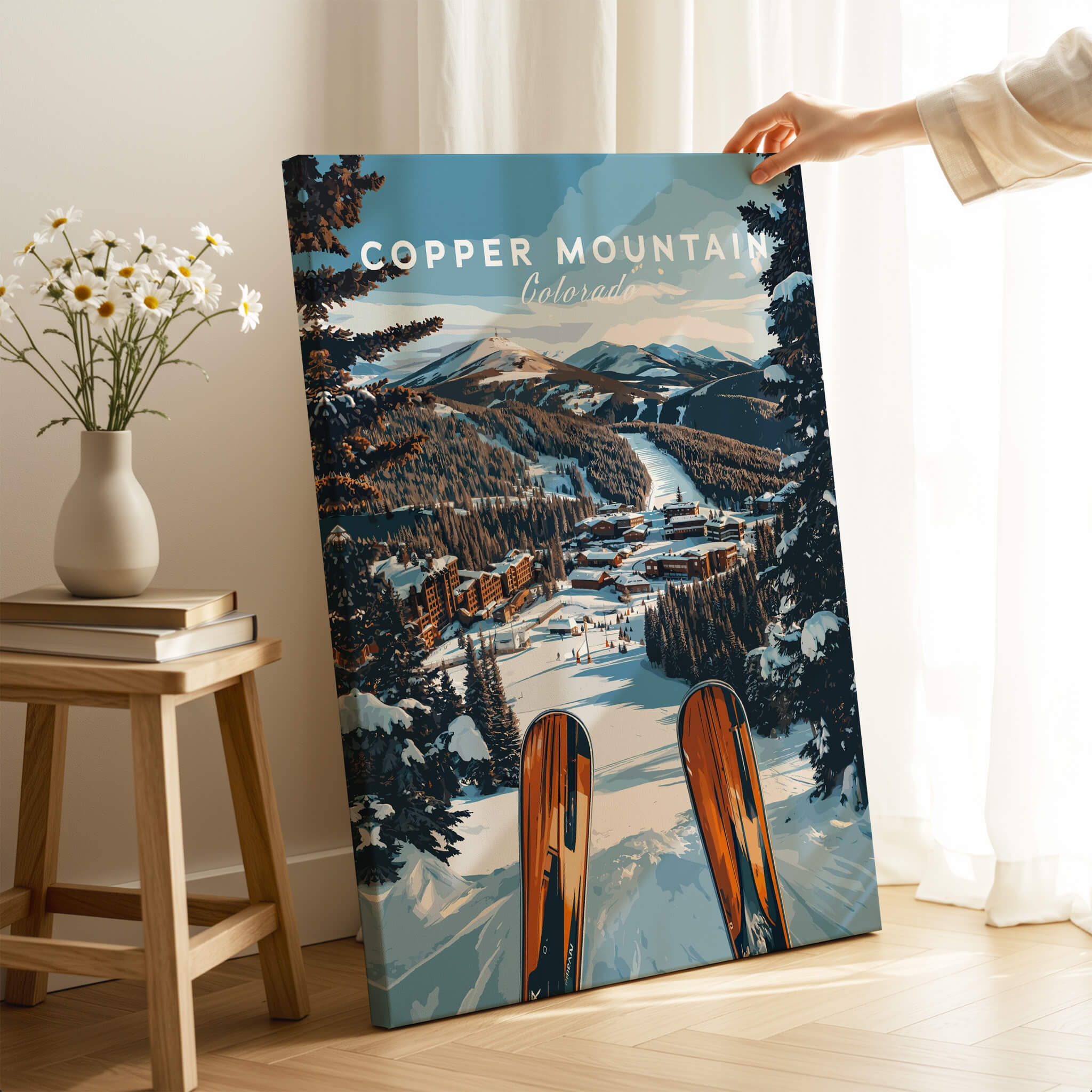 Copper Mountain Ski Print showcasing a vibrant ski artwork of Copper Mountain in Colorado with skis in the foreground.