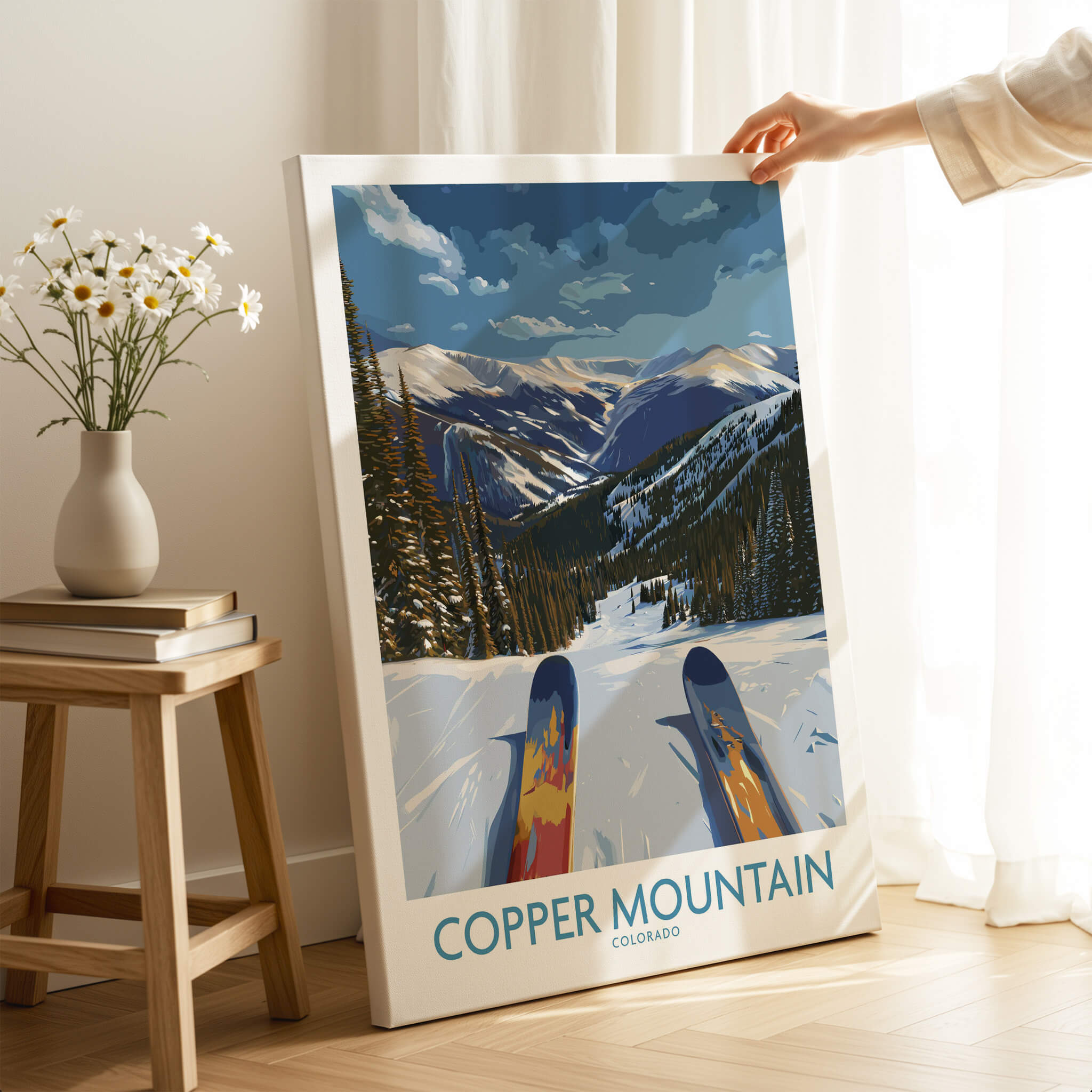 Copper Mountain Colorado Wall Art – Snowy Peak Winter Sports Print featuring scenic mountain view and skis.