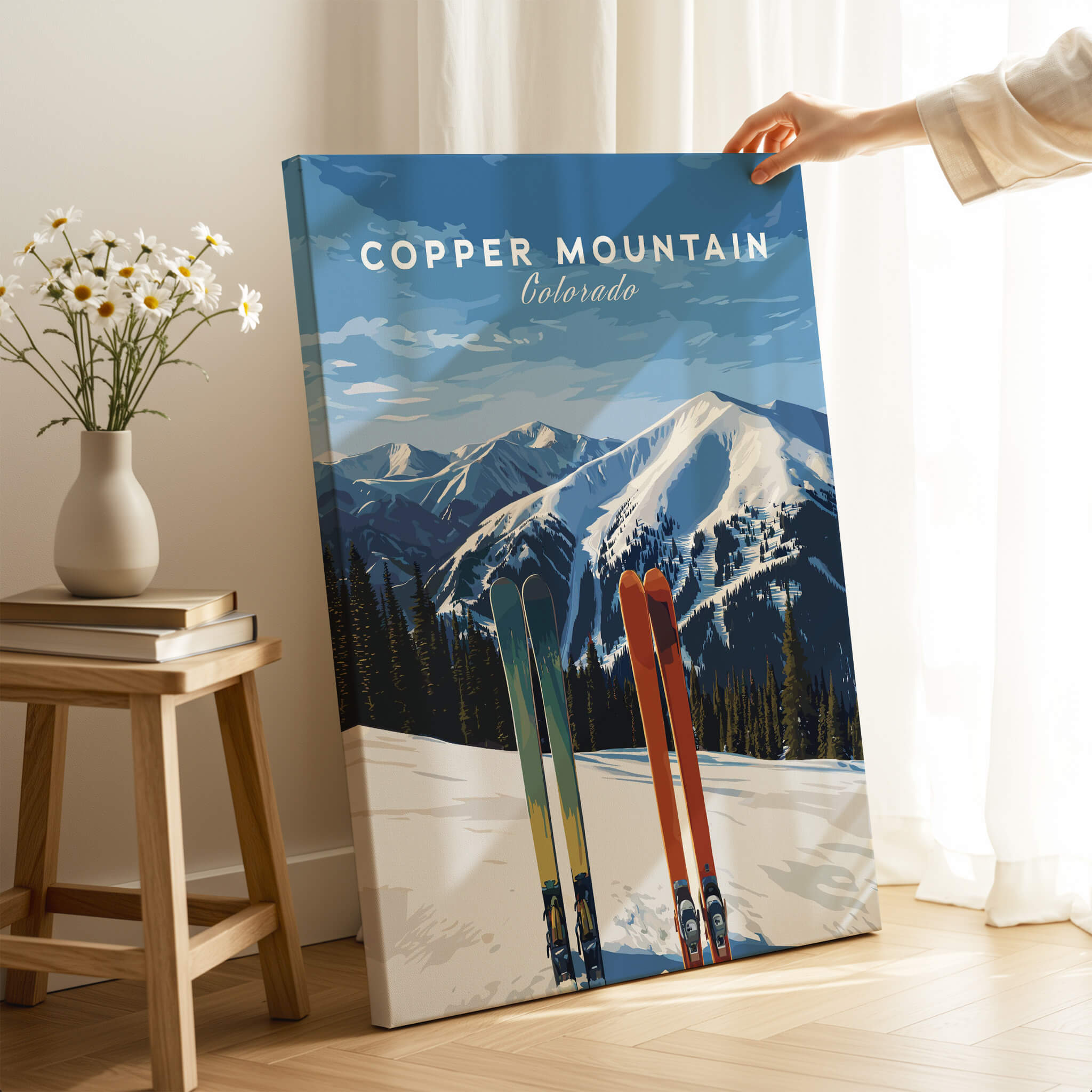 Copper Mountain Travel Poster – Colorado Mountain Summit & Ski Art Print featuring vibrant skis against snowy peaks.