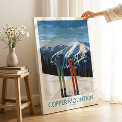 Copper Mountain Ski Wall Art Ski Print featuring colorful skis and snow-covered mountains in a cozy setting.