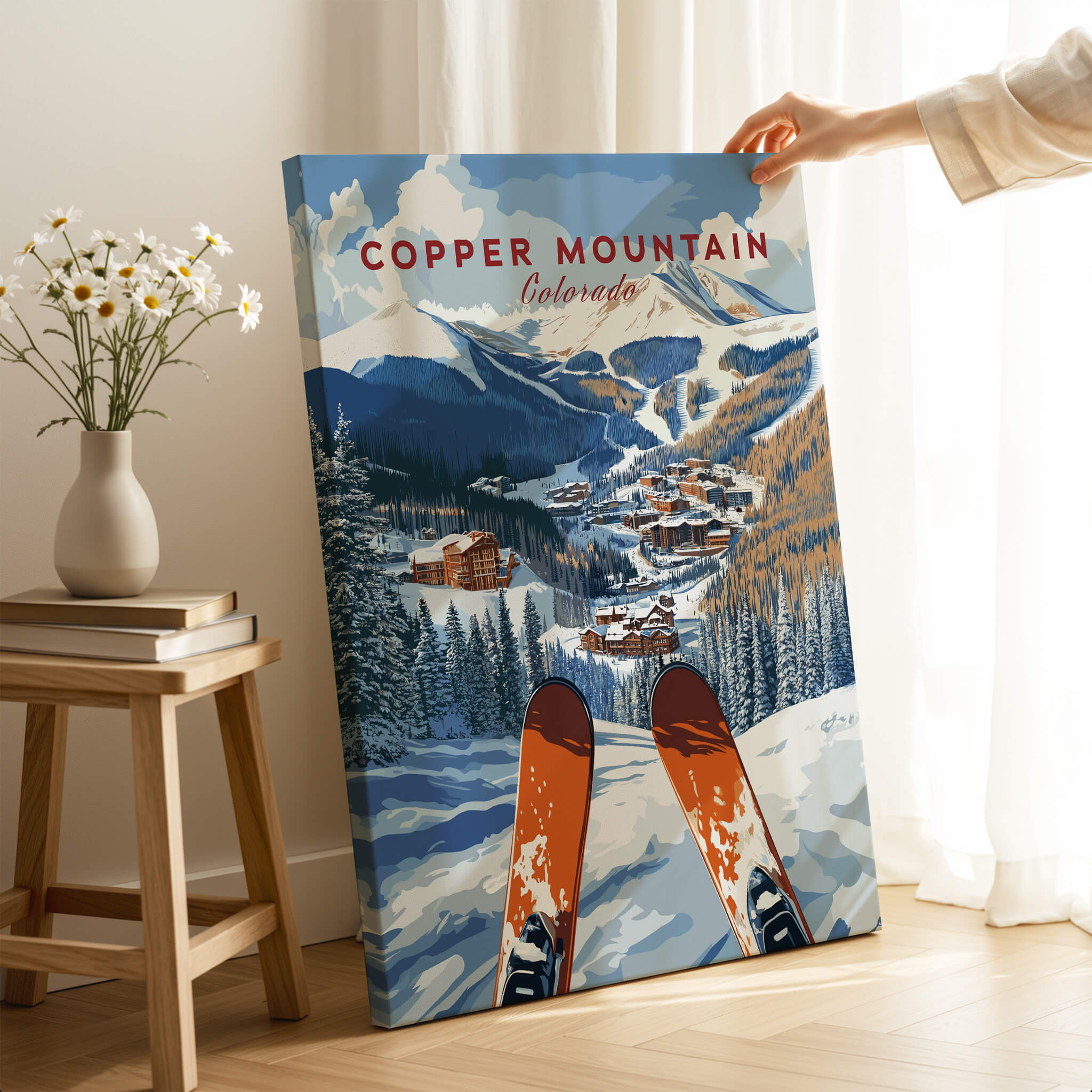 Copper Mountain Ski Poster – Winter Ski Village & Snowy Mountain Art featuring a ski village in Colorado.