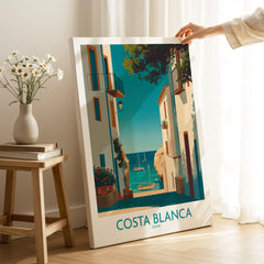 Costa Blanca Spain Wall Art Print - Spanish Village Artwork showcasing a coastal scene with boats and charming architecture.