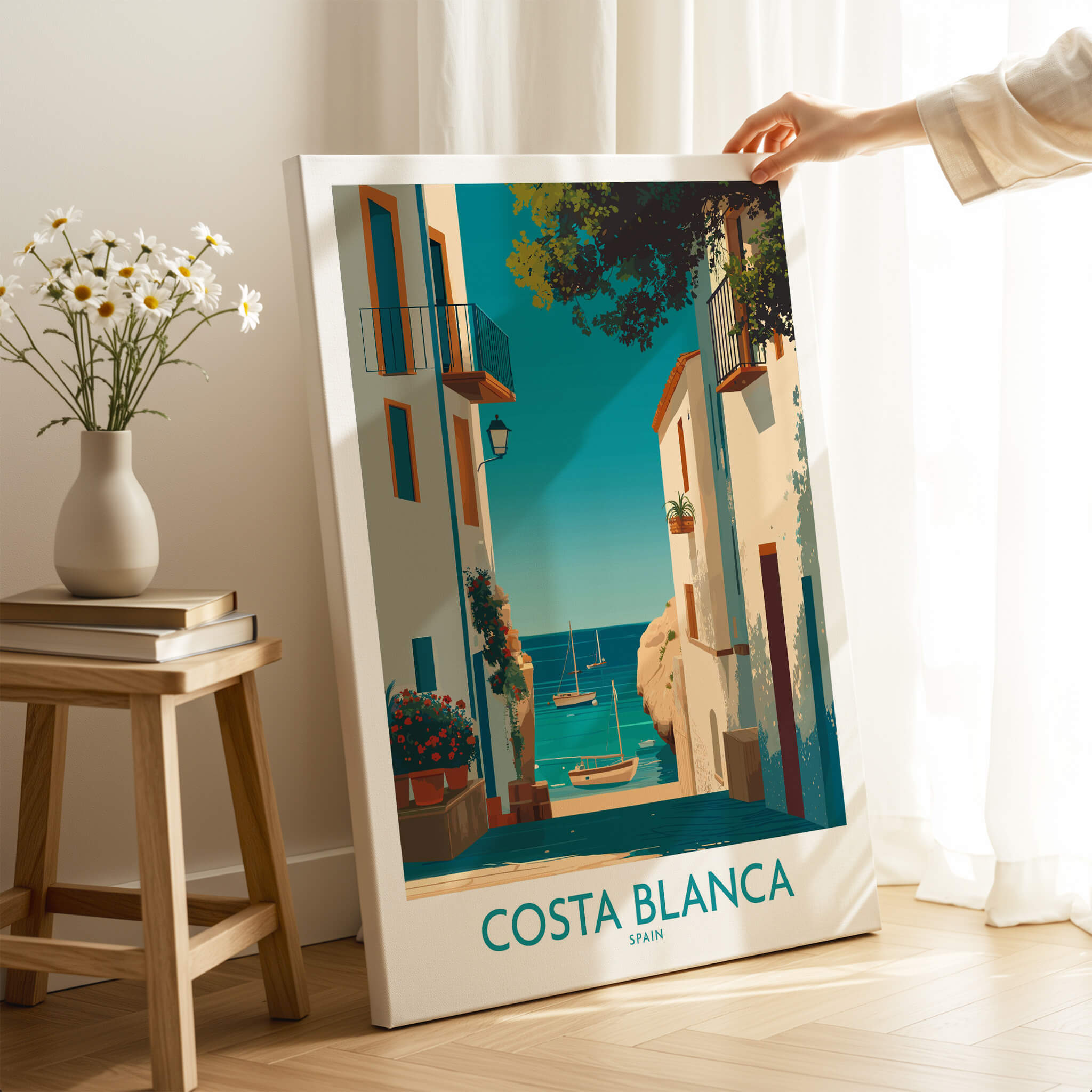 Costa Blanca Spain Wall Art Print - Spanish Village Artwork showcasing a coastal scene with boats and charming architecture.