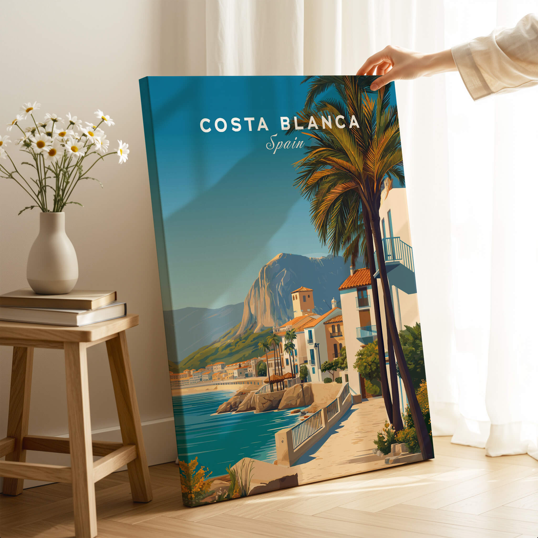 Costa Blanca Travel Poster - Spain Canvas Print showcasing vibrant coastal scenery and charming architecture.