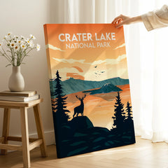 Crater Lake National Park canvas print with sunset landscape and deer, displayed in room