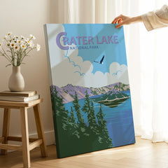 Crater Lake National Park canvas print with lake and mountains, hand holding artwork indoors