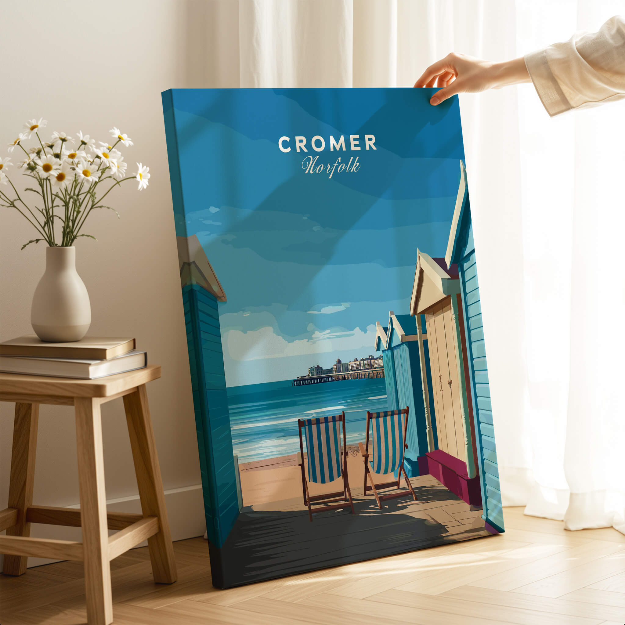Cromer Travel Poster – Norfolk Beach Huts Art Print showcasing colorful beach huts and seaside view.