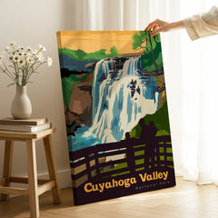Cuyahoga Valley National Park canvas print with waterfall illustration in a cozy home setting