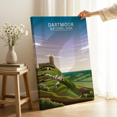 Dartmoor National Park canvas print with castle and horse, held in bright modern room