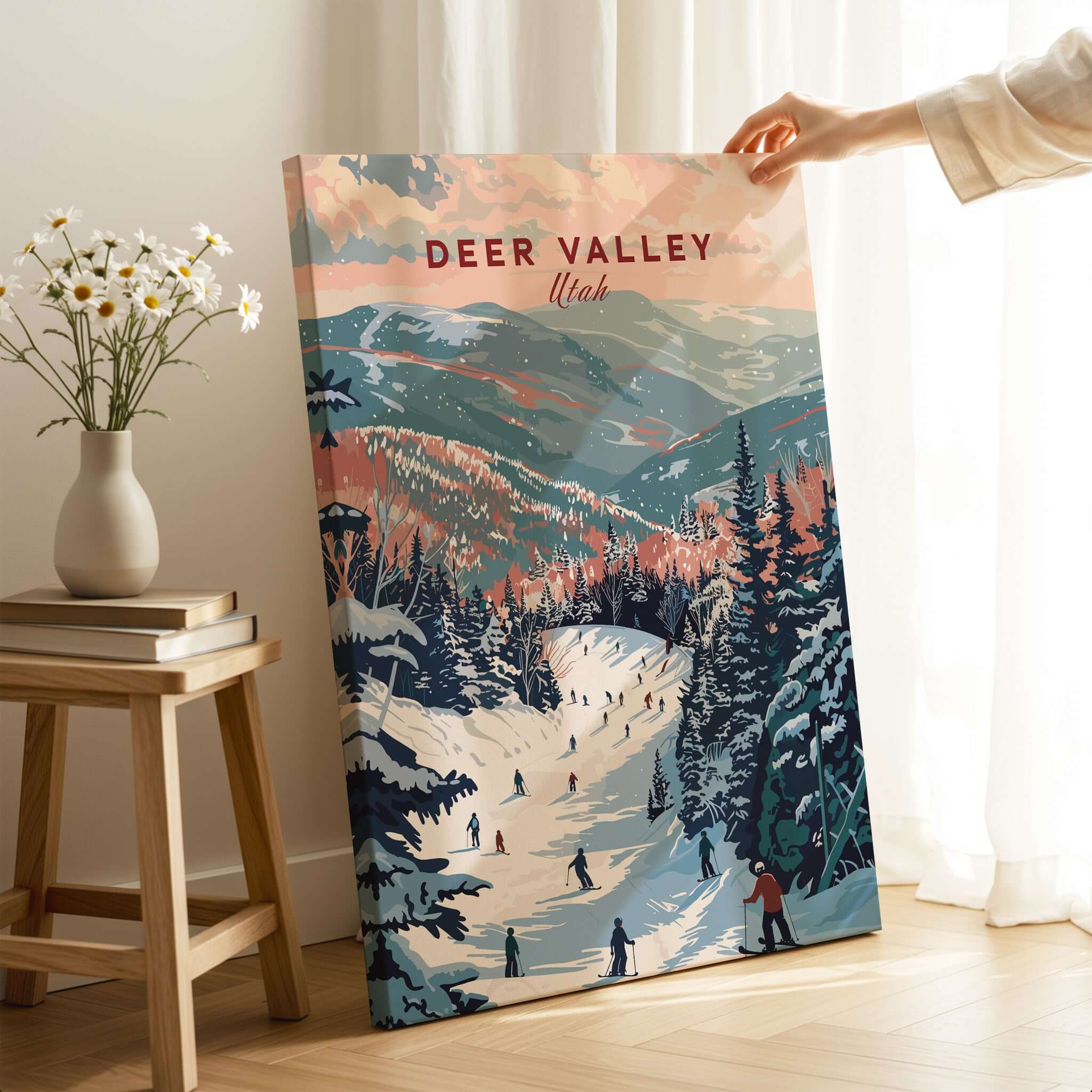 Deer Valley Ski Print - Utah showcasing the beautiful slopes with skiers in a vibrant mountain landscape.