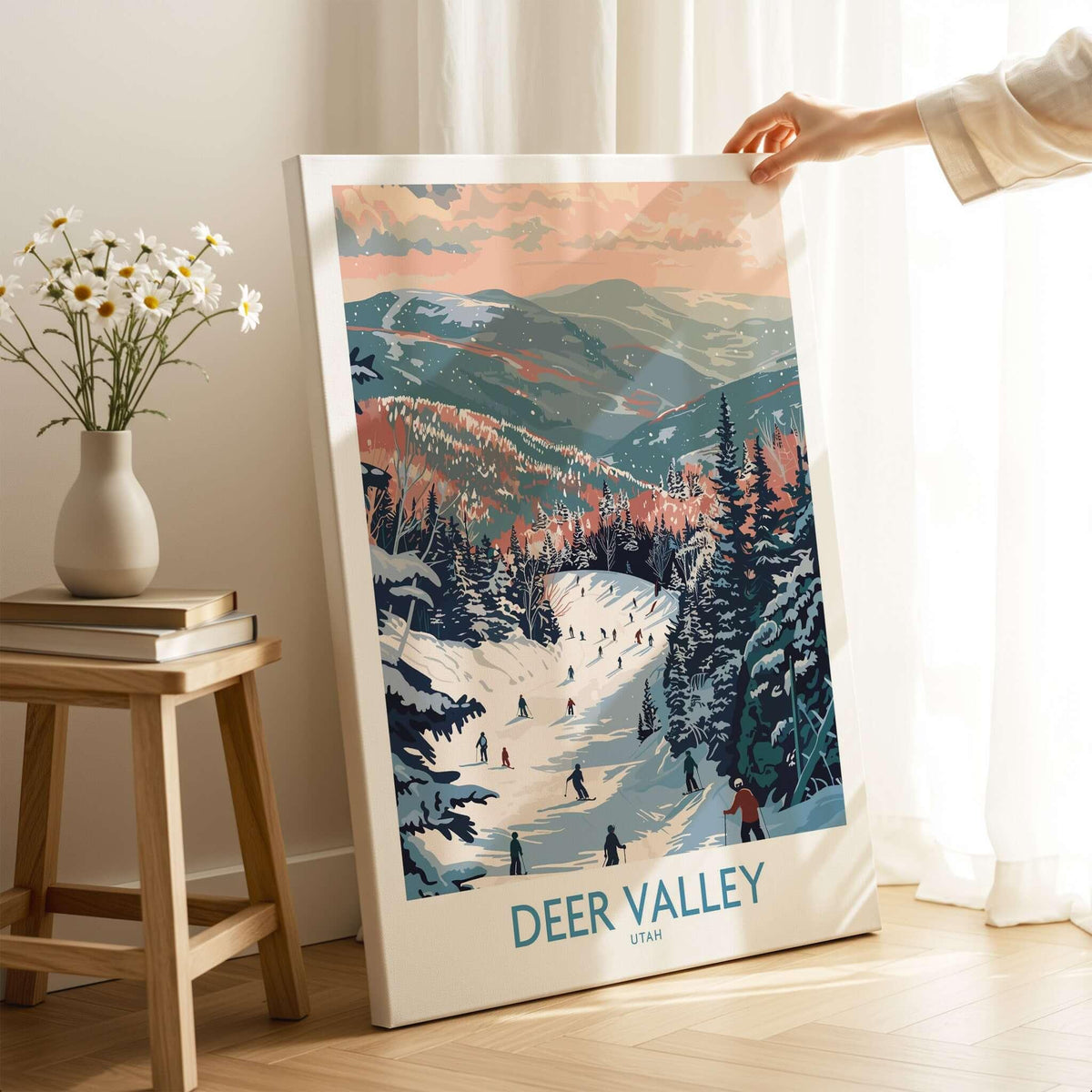 Deer Valley Travel Poster - Utah featuring ski scene and mountains, perfect for winter adventure enthusiasts.