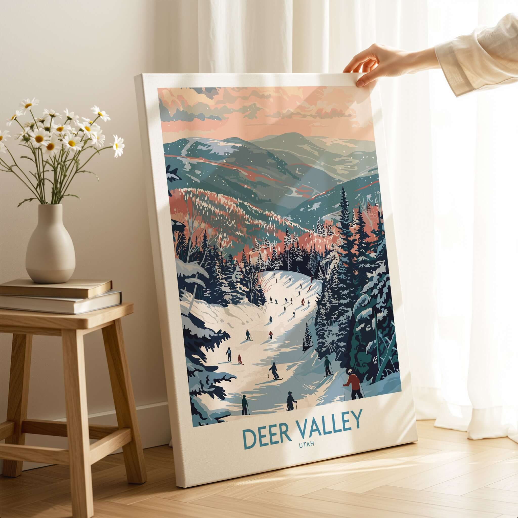 Deer Valley Travel Poster - Utah featuring ski scene and mountains, perfect for winter adventure enthusiasts.