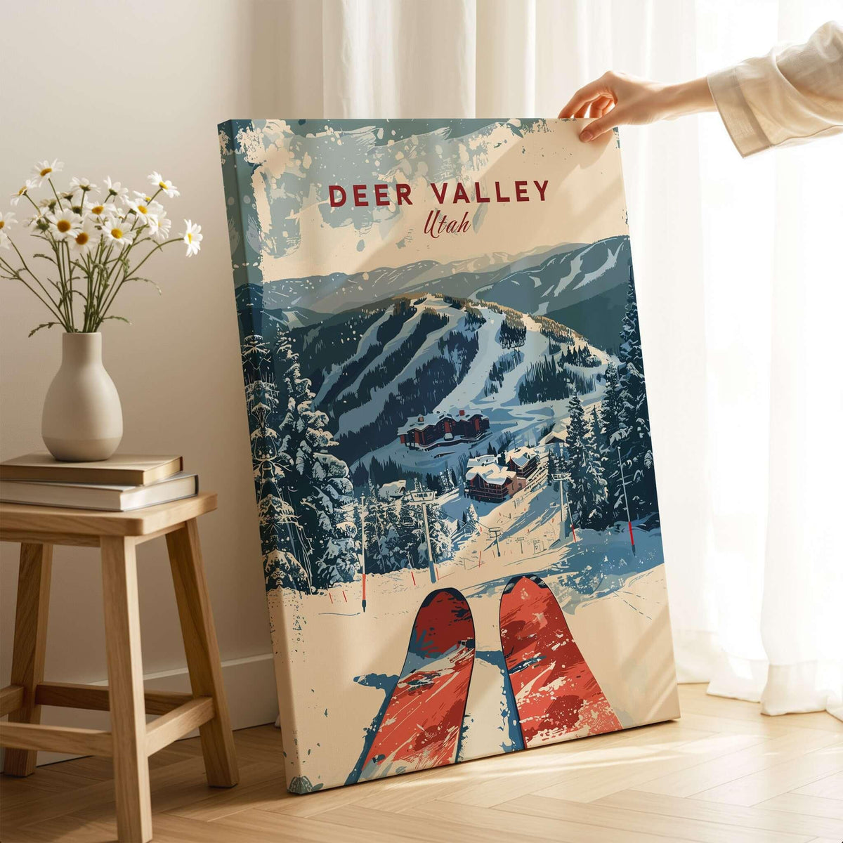 Deer Valley Ski Poster showcasing a snowy landscape and ski slopes in Utah, perfect for home decor and ski enthusiasts.