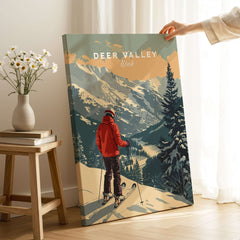 Deer Valley Print Utah ski poster featuring a skier admiring the scenic landscape.