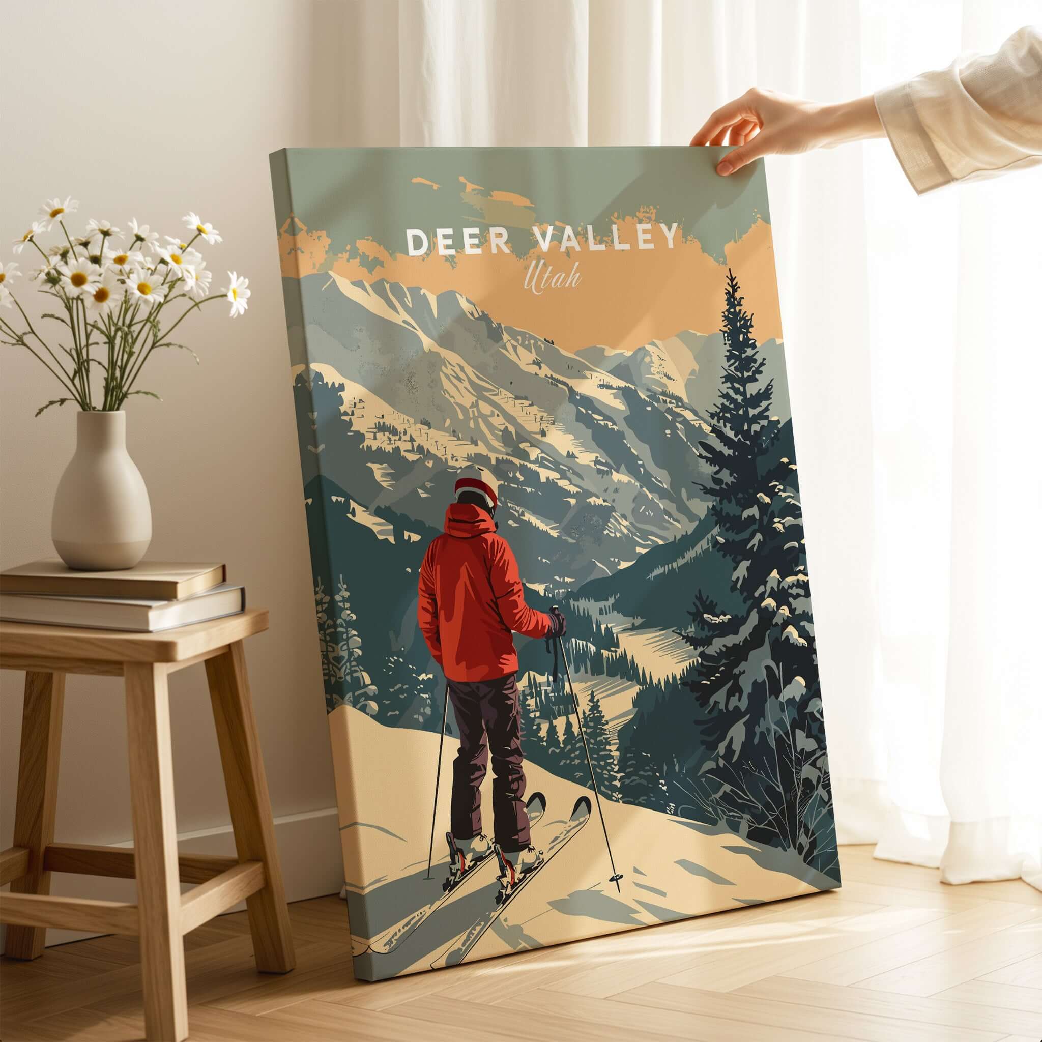 Deer Valley Print Utah ski poster featuring a skier admiring the scenic landscape.