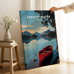 Derwentwater Travel Poster – Lake District Art Print featuring a serene lake view with a red boat and mountains.