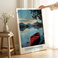 Derwentwater Cumbria Wall Art – Mountain Lake Landscape Print featuring a tranquil lake and red boat.