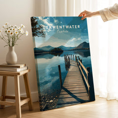 Derwentwater Travel Poster – Lake District Canvas Print showcasing the scenic lake and mountains in an artistic style.