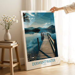 Derwentwater Cumbria Wall Art – Scenic Lake Pier Art Print showcasing a wooden pier on a tranquil lake surrounded by mountains.