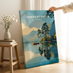 Derwentwater Print – Lake District Sunset Poster displayed in a cozy room with reflections on water.
