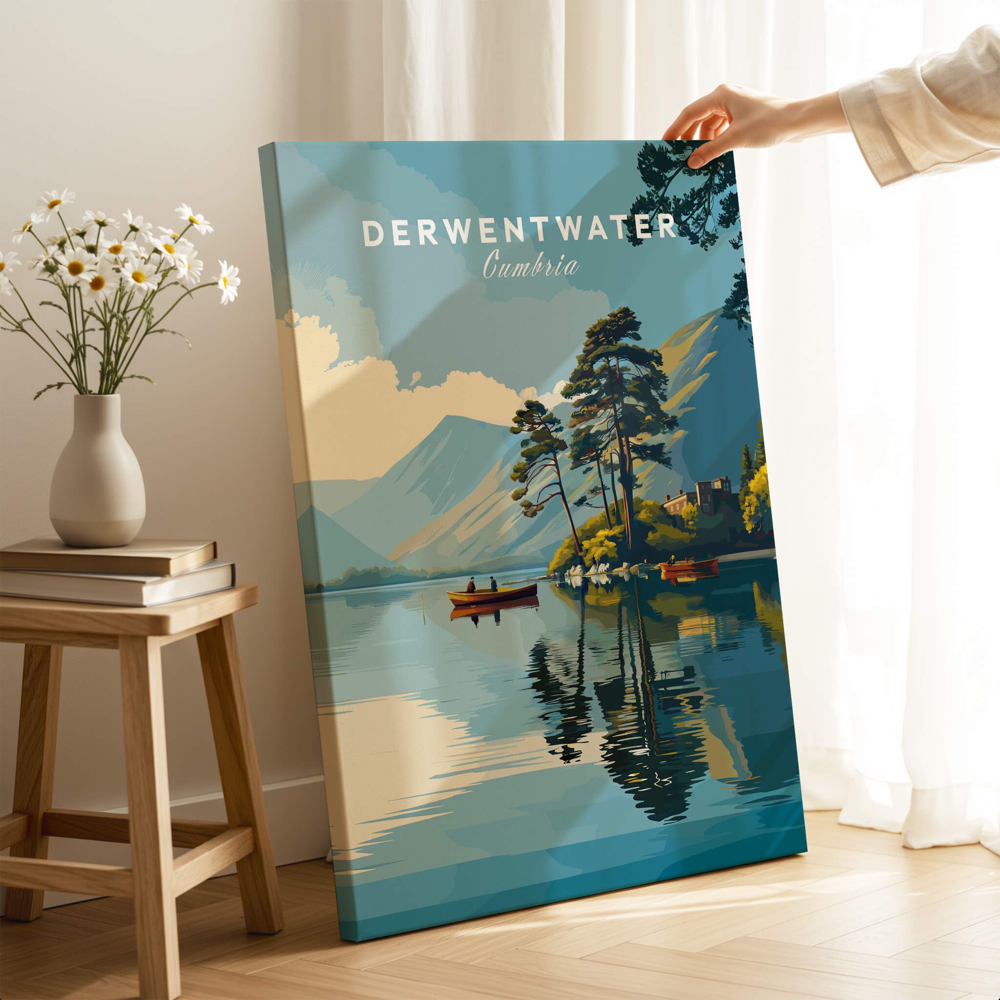 Derwentwater Print – Lake District Sunset Poster displayed in a cozy room with reflections on water.