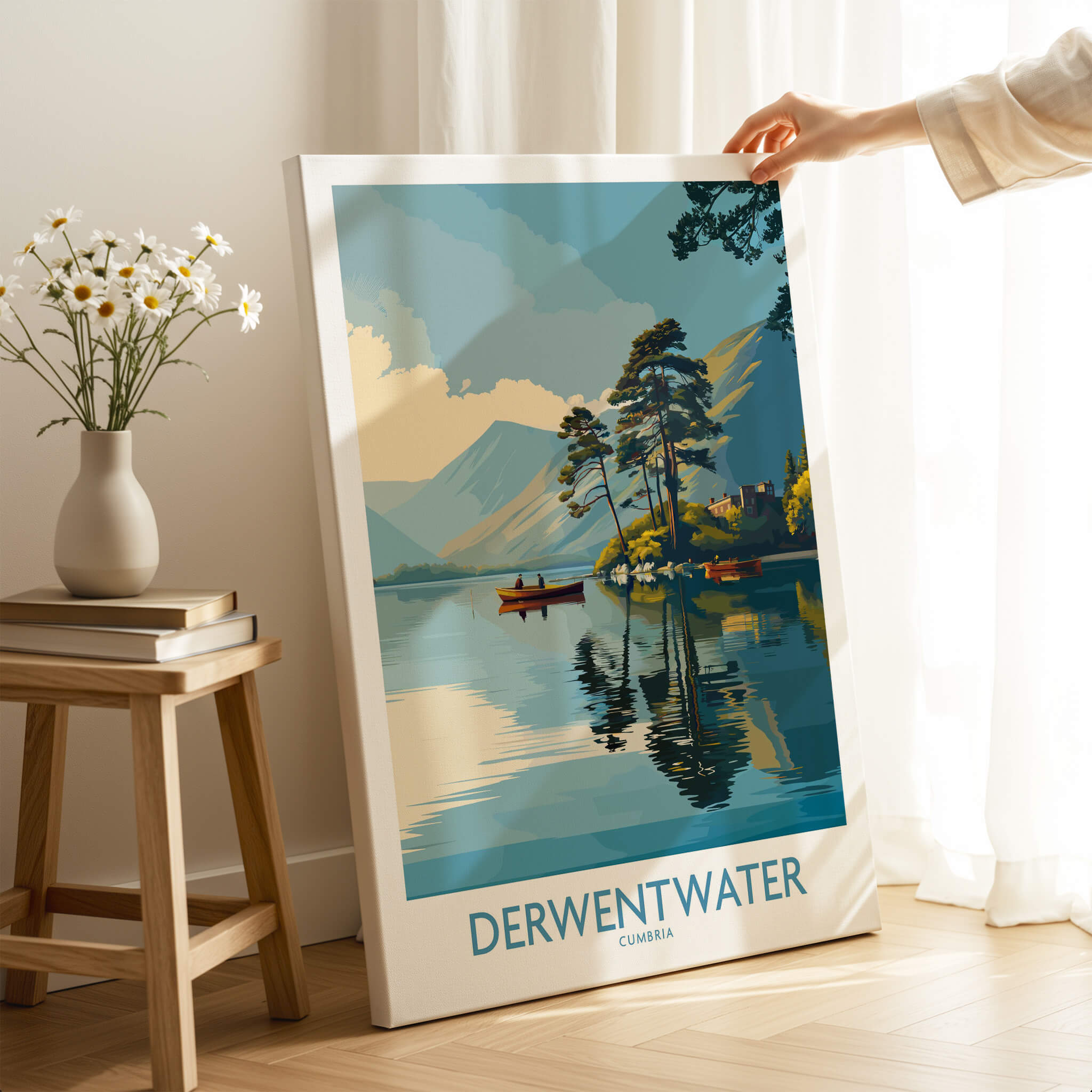 Derwentwater Cumbria Wall Art – Canvas Print showcasing serene lake view and mountain backdrop in vibrant colors.