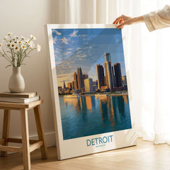 Detroit Michigan City Skyline Art Print | Renaissance Center Poster showcased on a wooden stand with flowers.