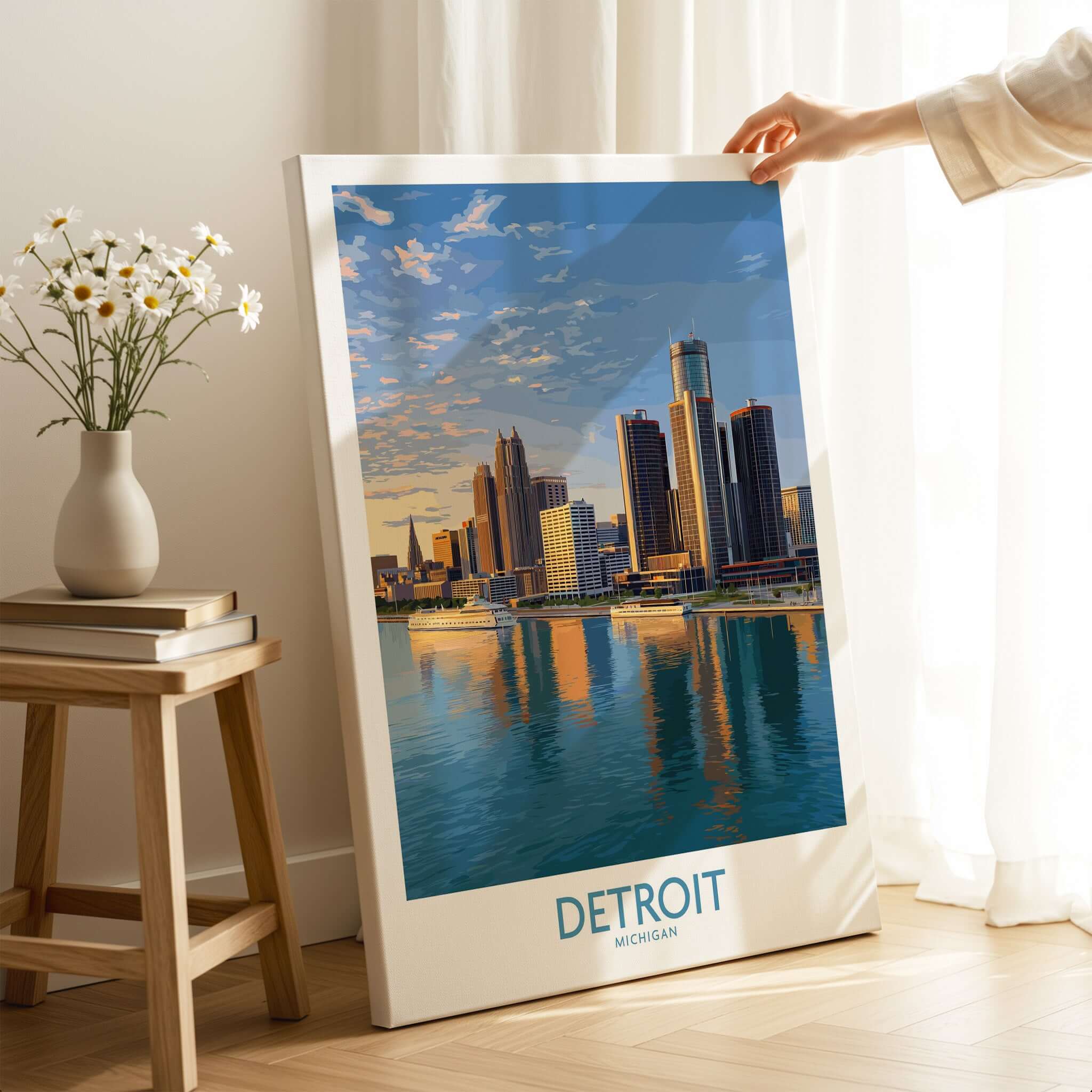 Detroit Michigan City Skyline Art Print | Renaissance Center Poster showcased on a wooden stand with flowers.