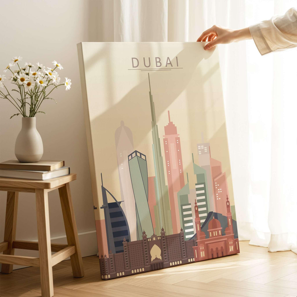 Dubai Wall Art | City Skyline Print showcasing iconic skyline with modern buildings and soft beige tones.