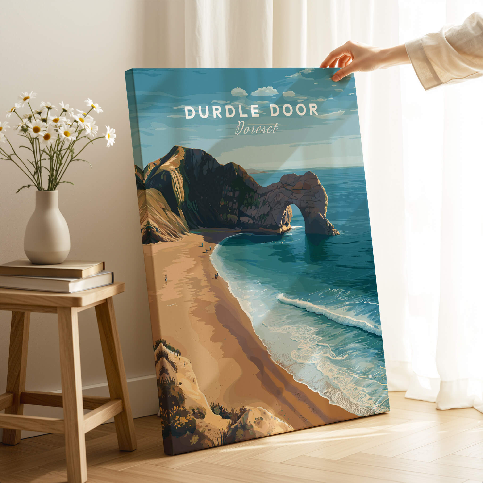 Durdle Door Poster – Jurassic Coast Wall Art showcasing the iconic limestone arch and coastal scenery of Dorset.