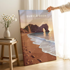 Durdle Door Travel Poster – Jurassic Coast Sunset Art featuring a scenic coastal view and stone arch.