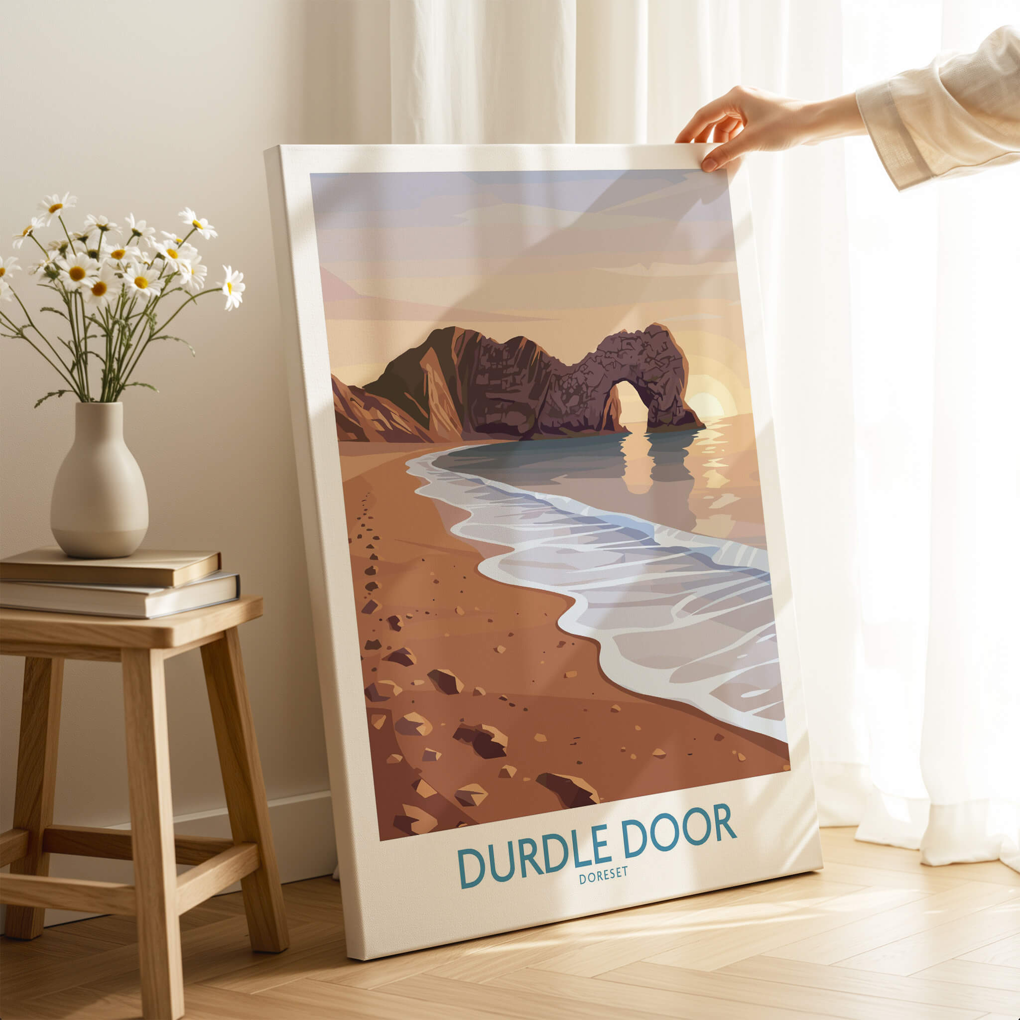 Durdle Door Dorset Wall Art – Canvas Poster featuring a colorful illustration of Durdle Door and its coastline.