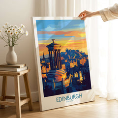 Edinburgh Travel Poster showcasing iconic landmarks against a vibrant sunset backdrop.