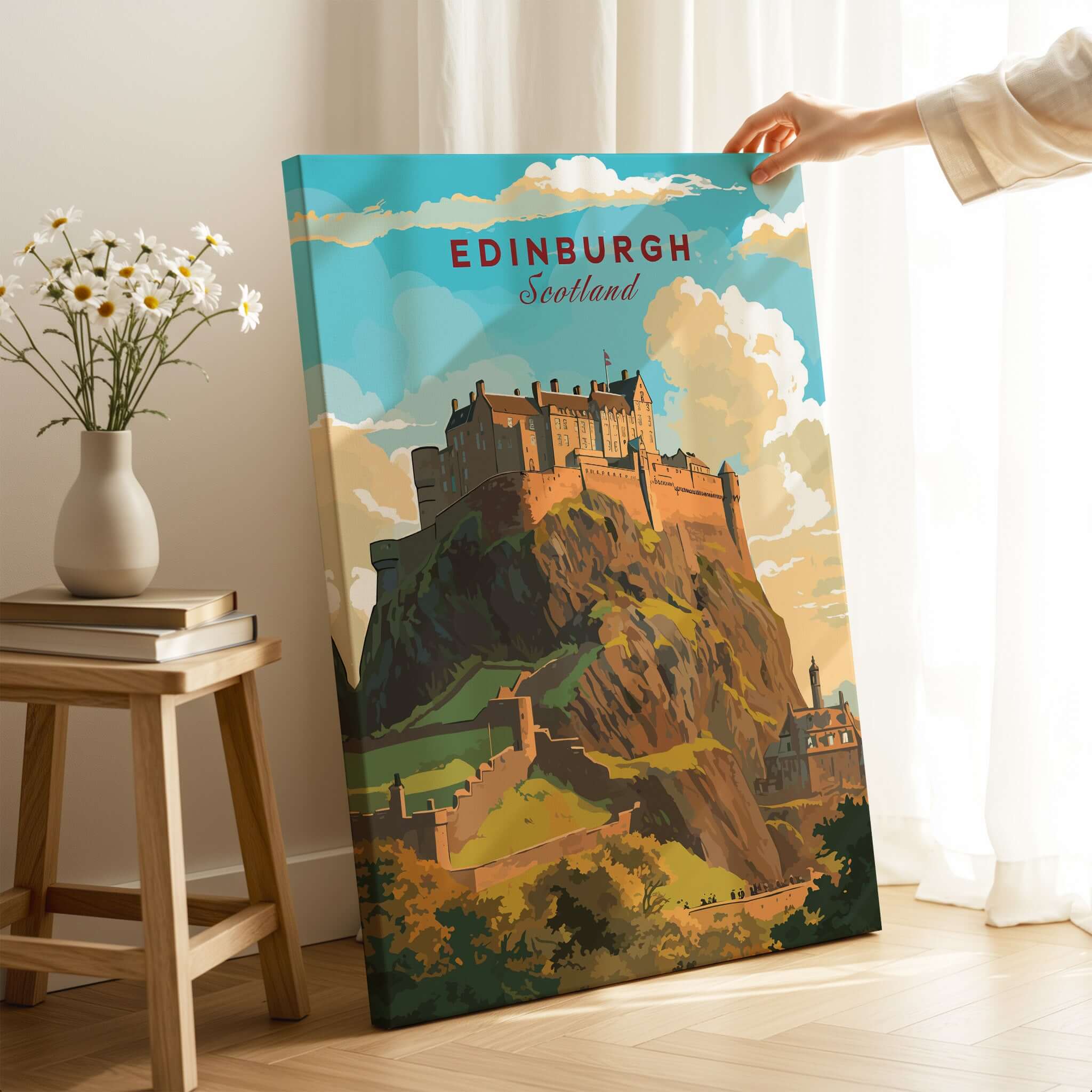 Edinburgh Poster Print featuring Edinburgh Castle in a vibrant artistic style, perfect for Scotland art lovers.