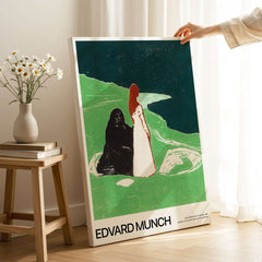 Edvard Munch Art Print - Two Women on the Shore 1898 Woodcut AIC Poster displayed in a cozy interior setting.