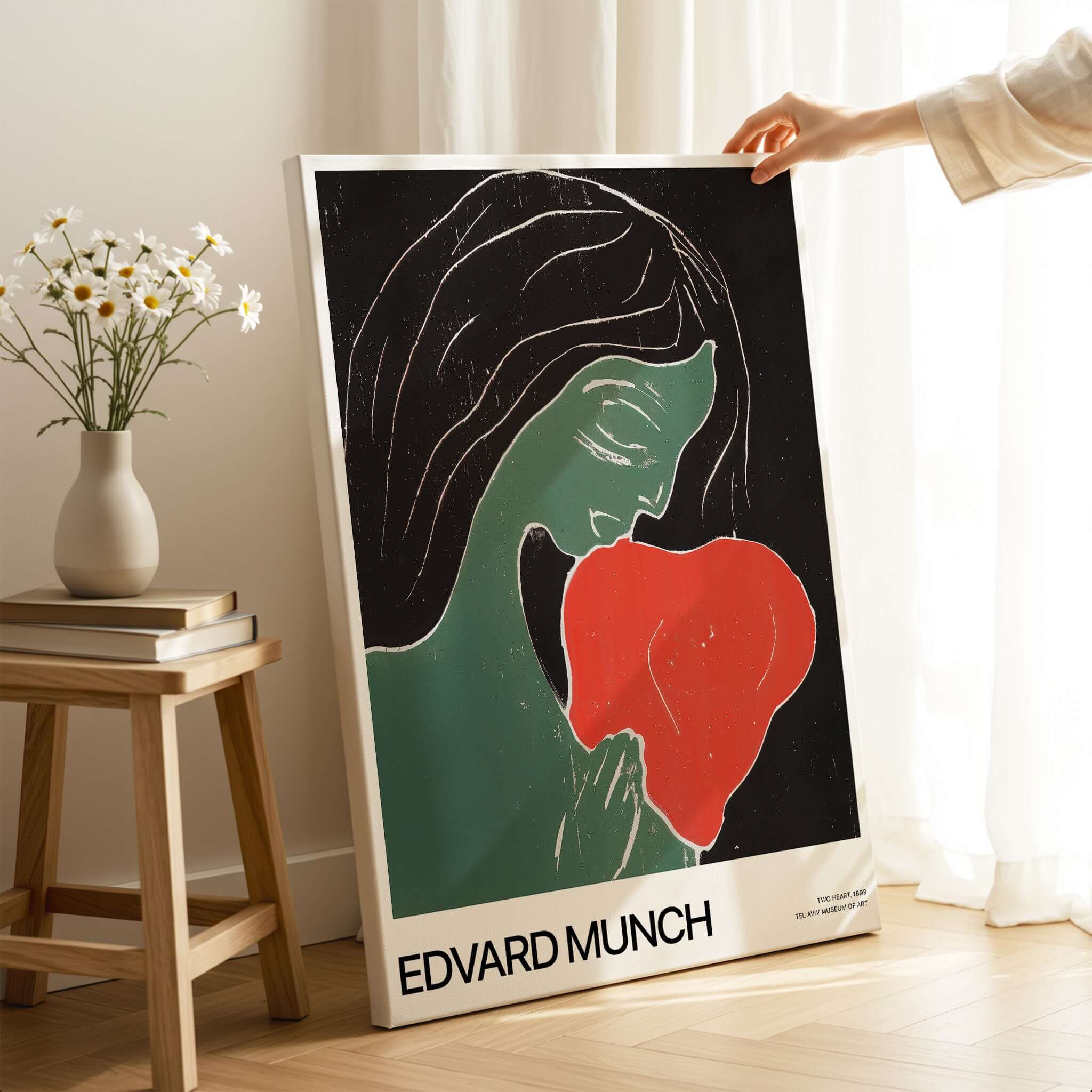 Edvard Munch Art Print - Edvard Munch Two Heart c1899 Woodcut - Symbolist Love Poster displayed on a stand.