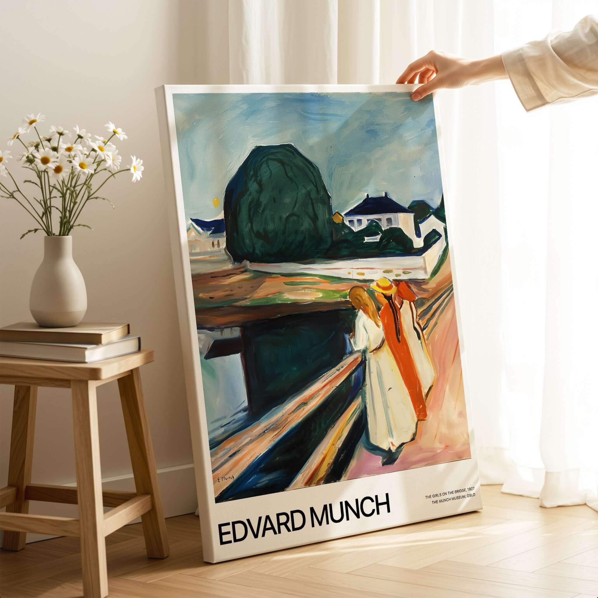 Edvard Munch Art Print - The Girls on the Bridge 1927 Painting - Museum Poster displayed in a cozy interior.