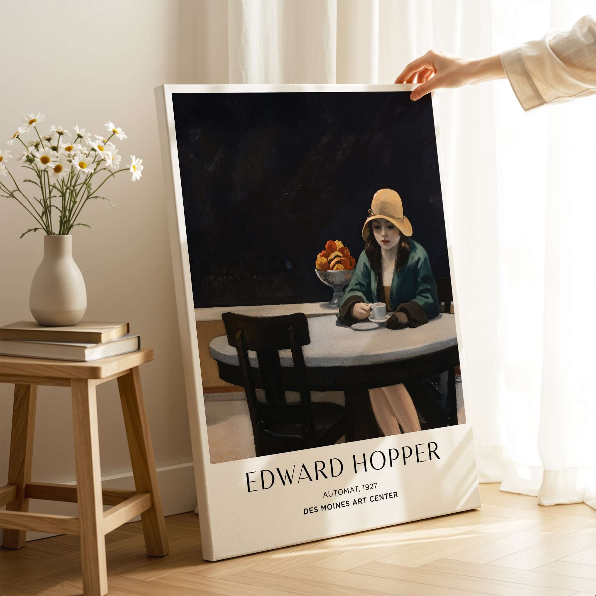 Edward Hopper Automat 1927 Des Moines Art Center Poster Print displayed in a cozy indoor setting.