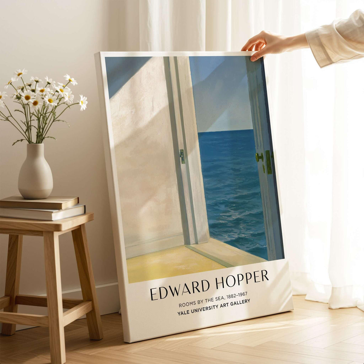 Edward Hopper Rooms by the Sea 1951 Yale University Art Print Poster displayed in a sunlit room with a view of the sea.