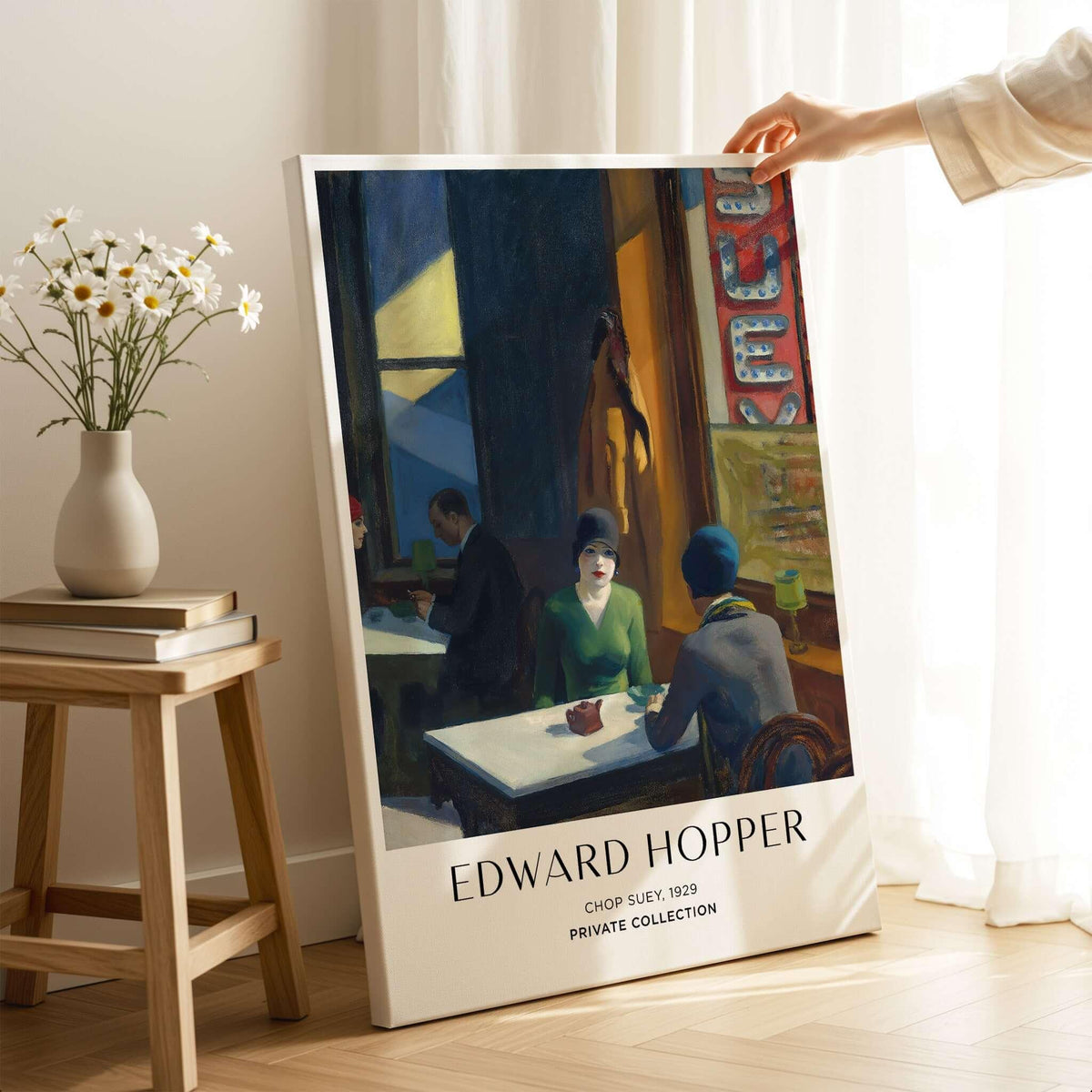 Edward Hopper Chop Suey 1929 Art Print Poster - Urban Restaurant Scene displayed in a cozy indoor setting.