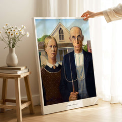 Exhibition Art Print American Gothic Grant Wood Famous Painting Wall Art Poster in a living room setting.